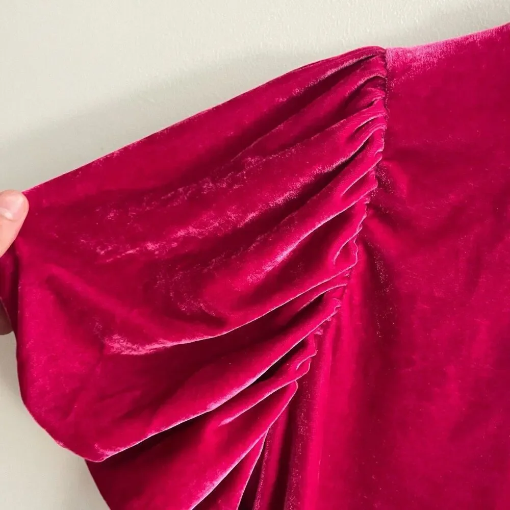 Free People Hot Pink Velvet Puff Sleeve Mock Neck Tee Women Small Luxe Romantic